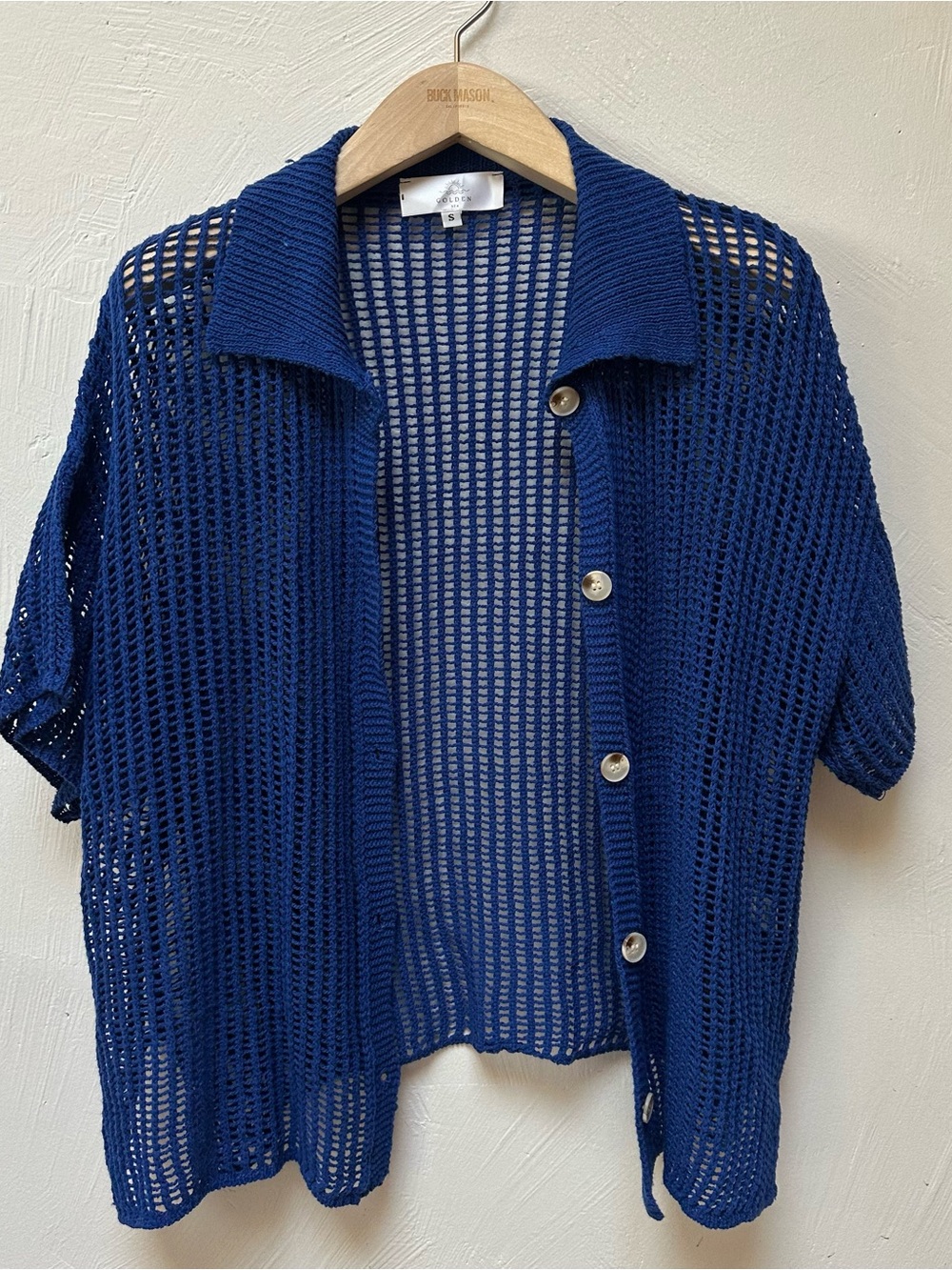 Open-Knit Short Sleeve Cardigan Sweater - Blue